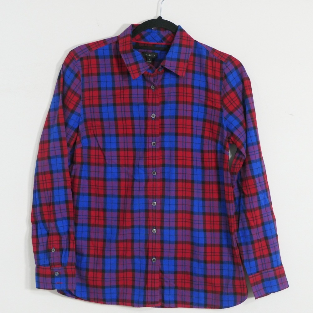 Talbots Womens Shirt S Red Blue Plaid Tartan Button Down Preppy Classic Layers